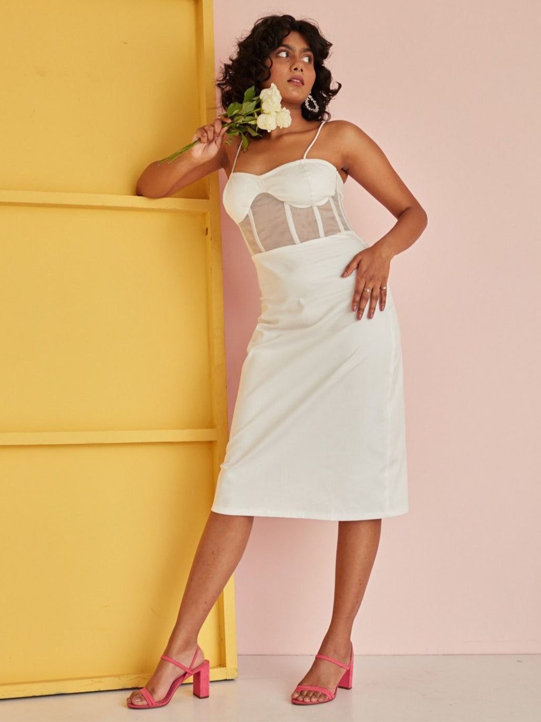 

Lea Clothing Co. Satin Shoulder Straps Midi Bodycon Dress, White