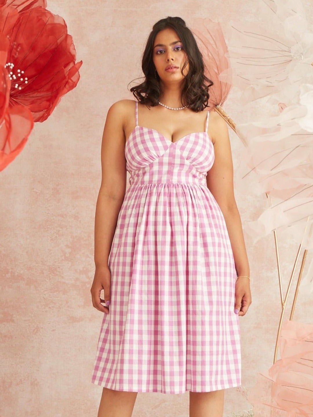 

Lea Clothing Co. Women Checked Shoulder Straps Fit & Flare Dress, Pink