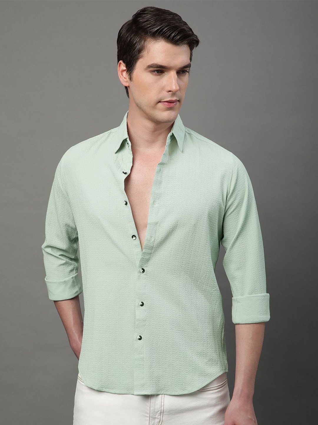 

Voroxy Men Premium Spread Collar Textured Solid Polycotton Casual Shirt, Green