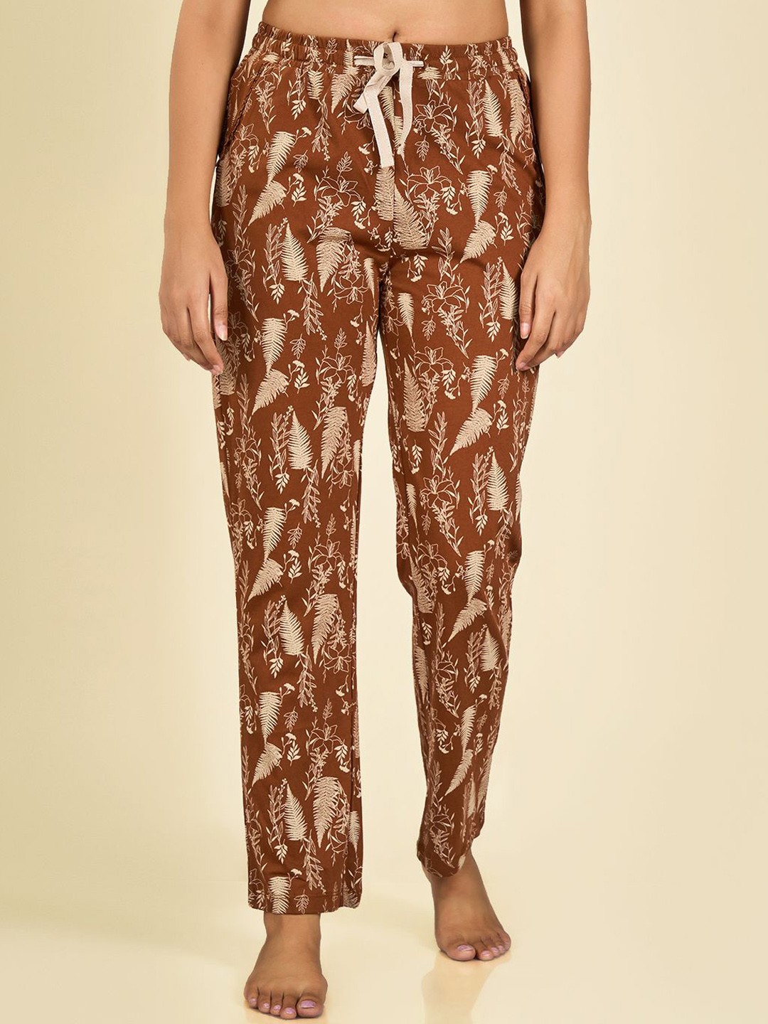 

MAYSIXTY Women Printed Mid Rise Regular Fit Drawstring Pure Cotton Lounge Pants, Brown