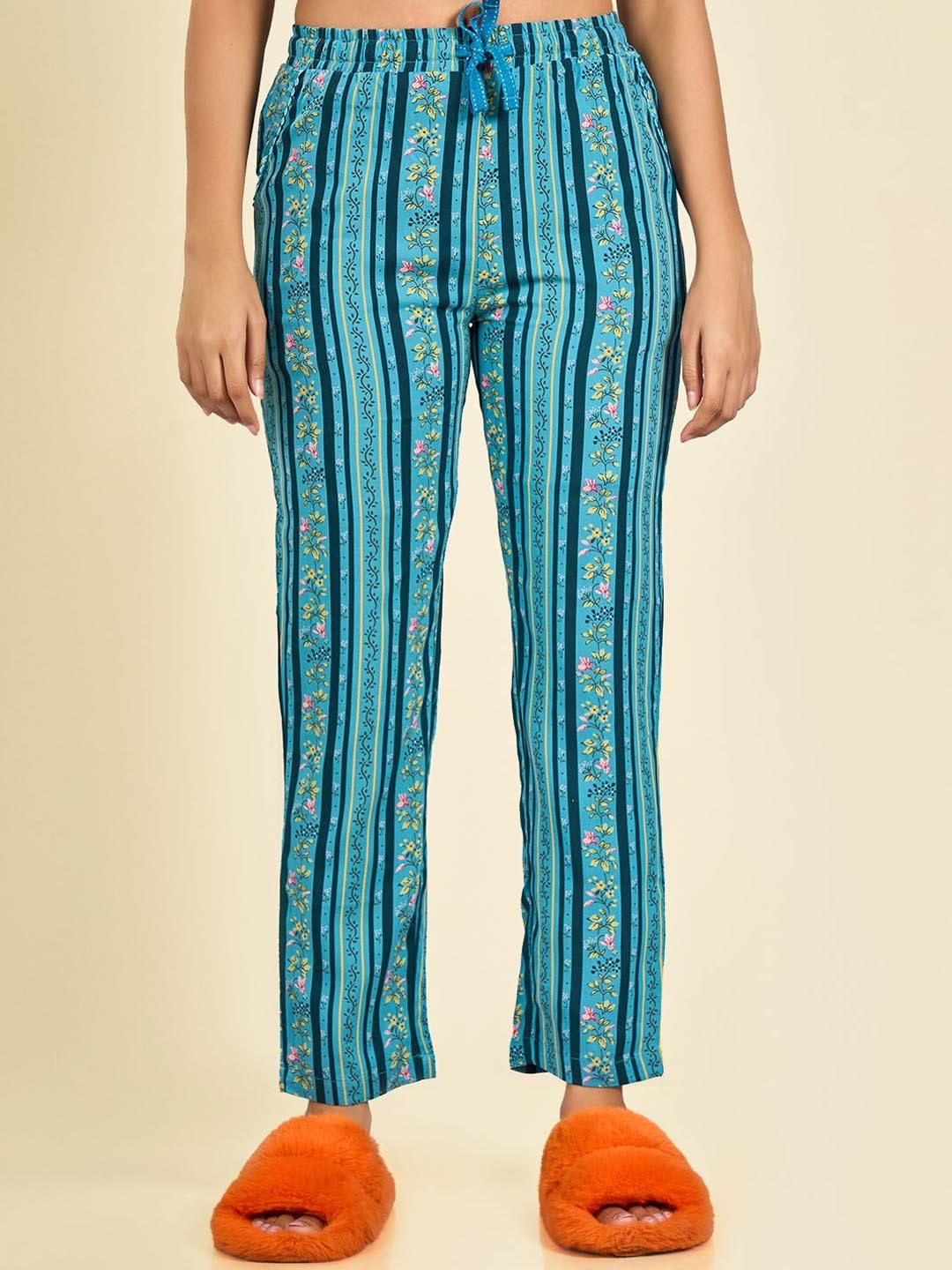 

MAYSIXTY Women Striped Mid Rise Lounge Pants, Blue