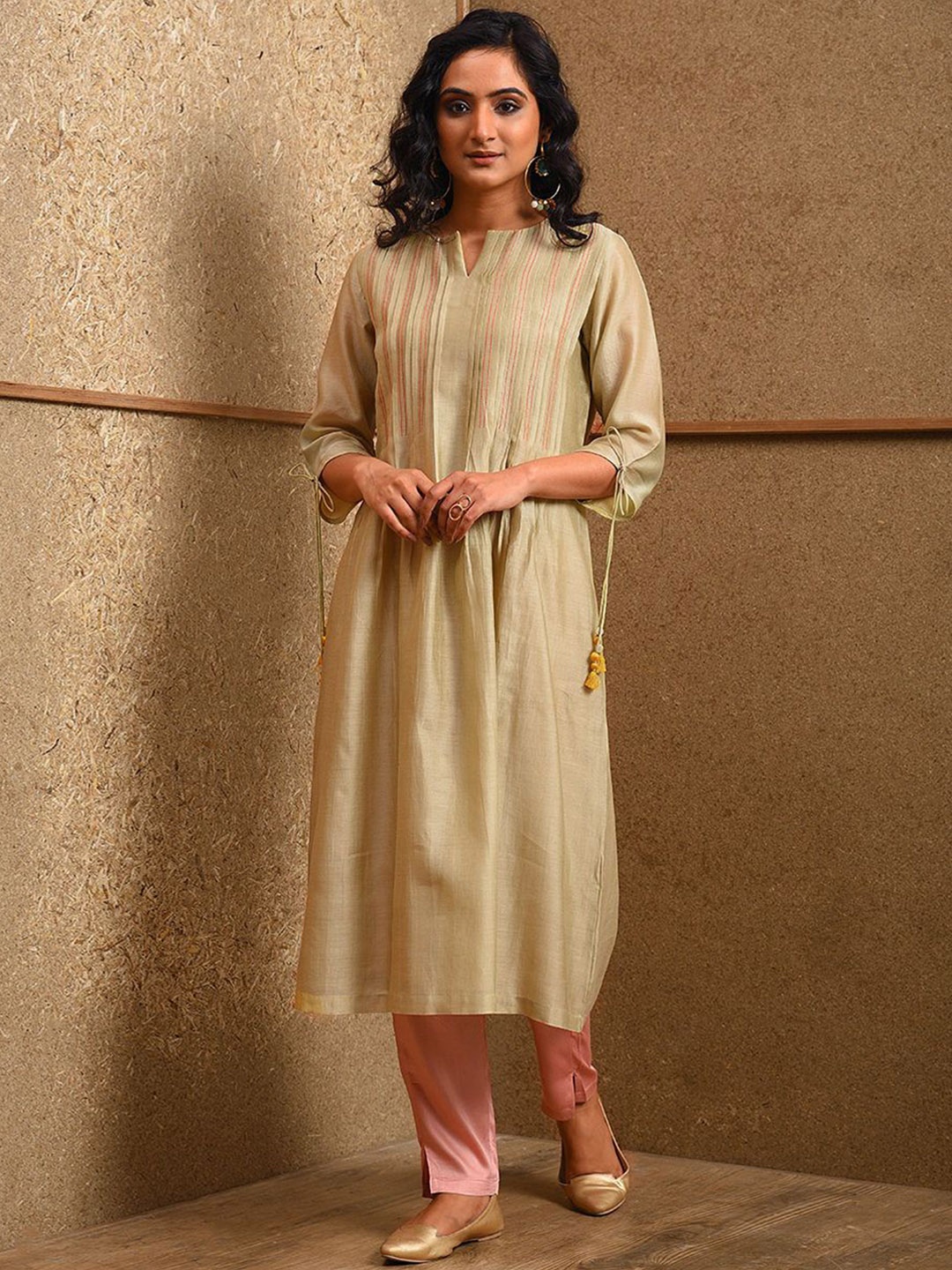 

SMRITI GUPTA Striped Pintuck Chanderi Silk A-Line Kurta, Olive