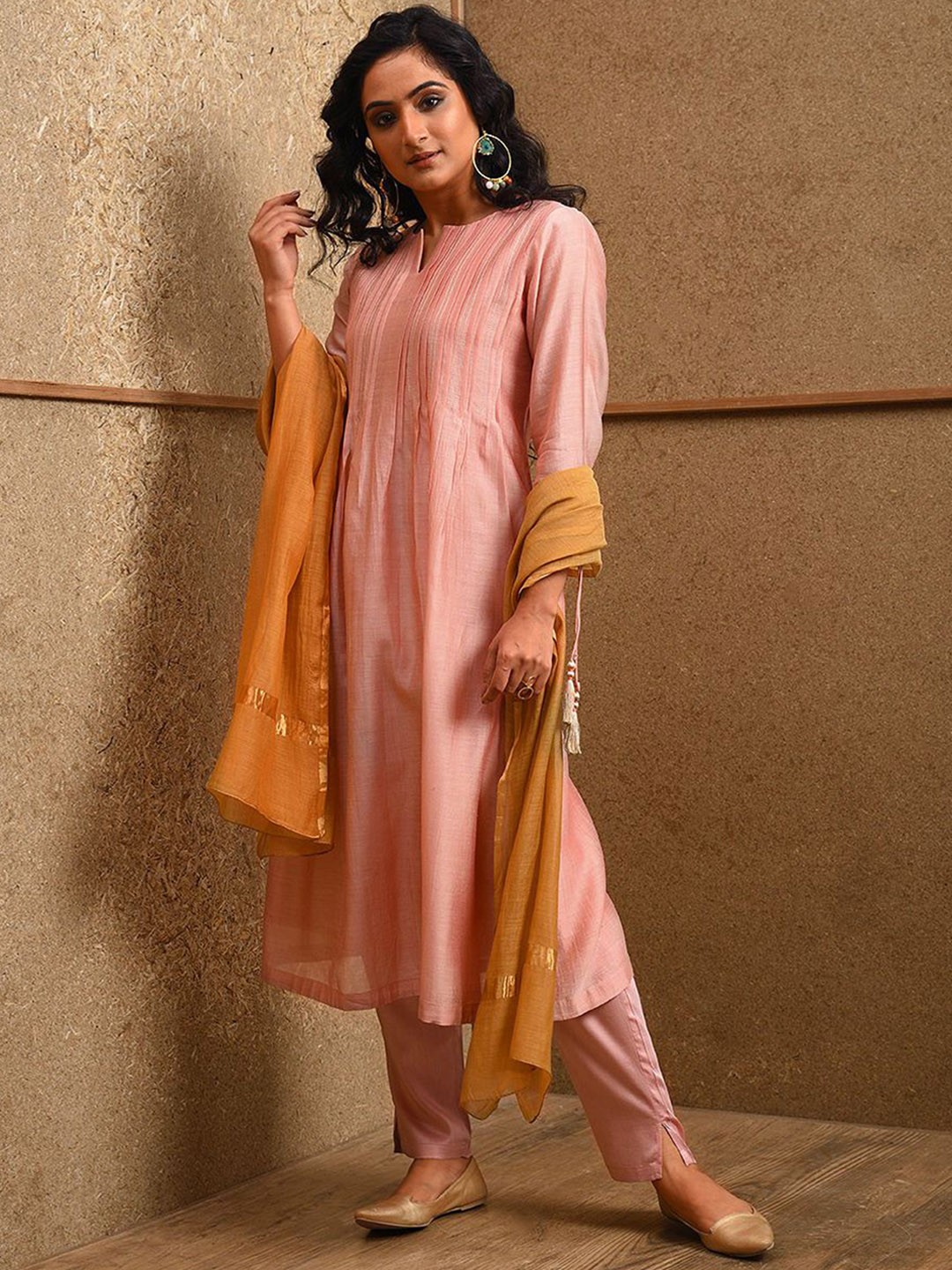 

SMRITI GUPTA Striped Pintuck Chanderi Silk A-Line Kurta, Pink