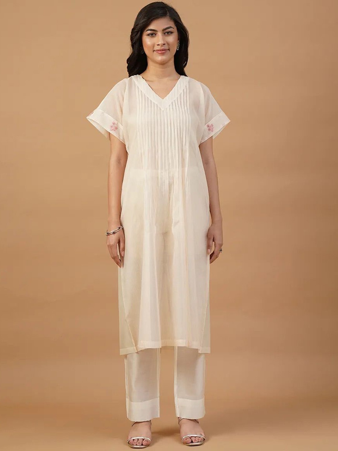 

SMRITI GUPTA Striped Sequinned Pleated Chanderi Silk A-Line Kurta, Off white