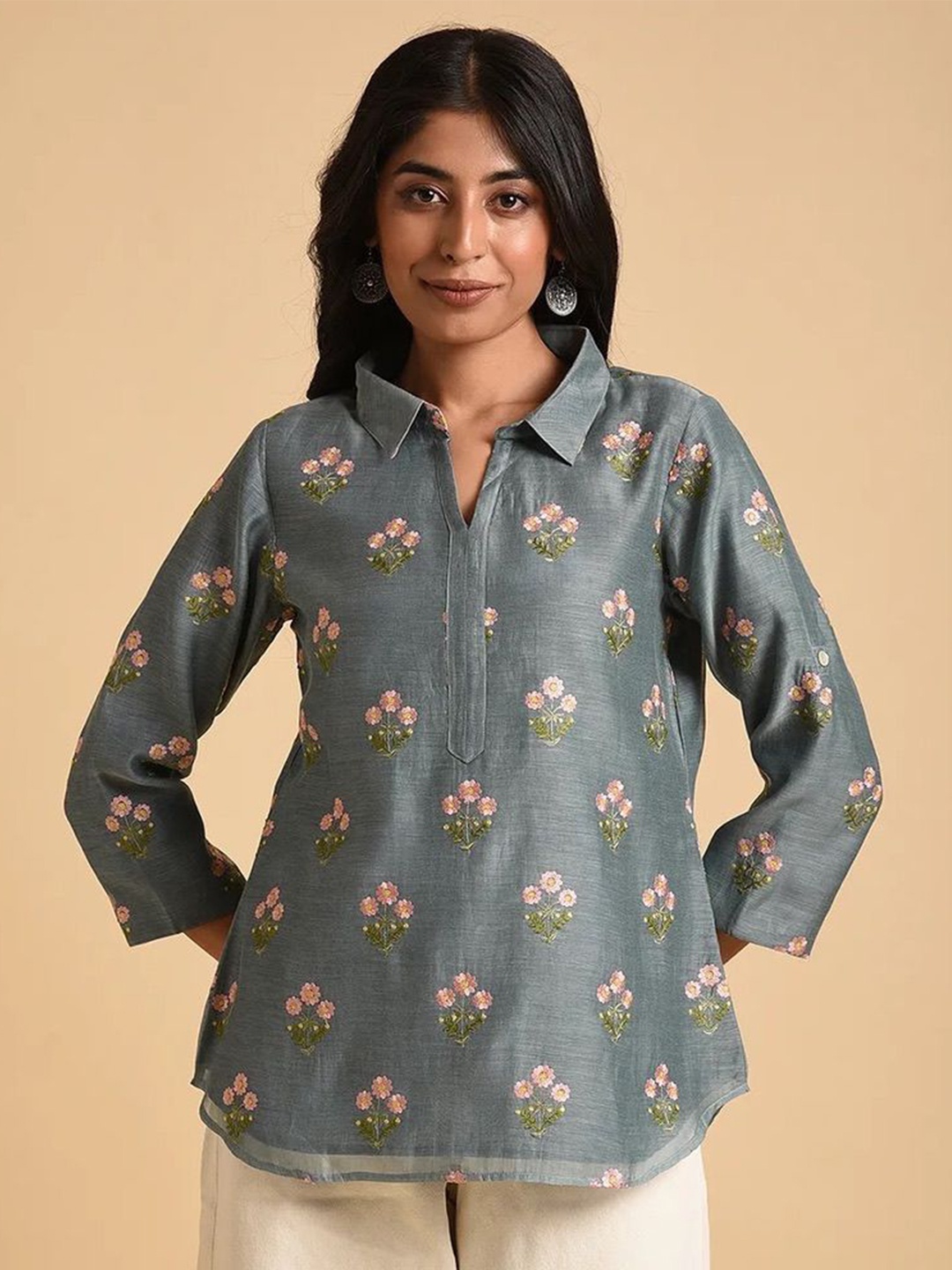 

SMRITI GUPTA Women Floral Embroidered Shirt Style Top, Grey