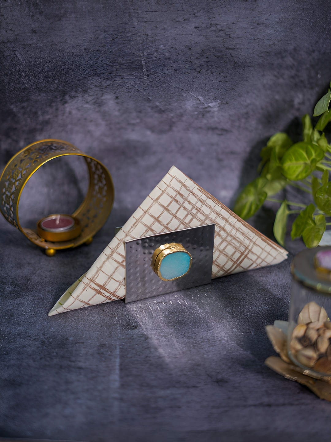 

HOMEARTE Grey & Blue Textured Metal Tissue Holder