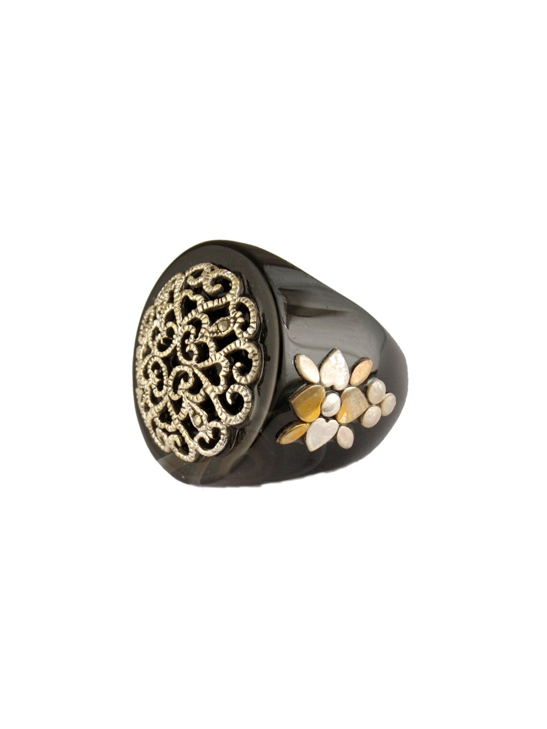 

Exotic India Statement Black Wooden Sterling Silver Latticework Ring