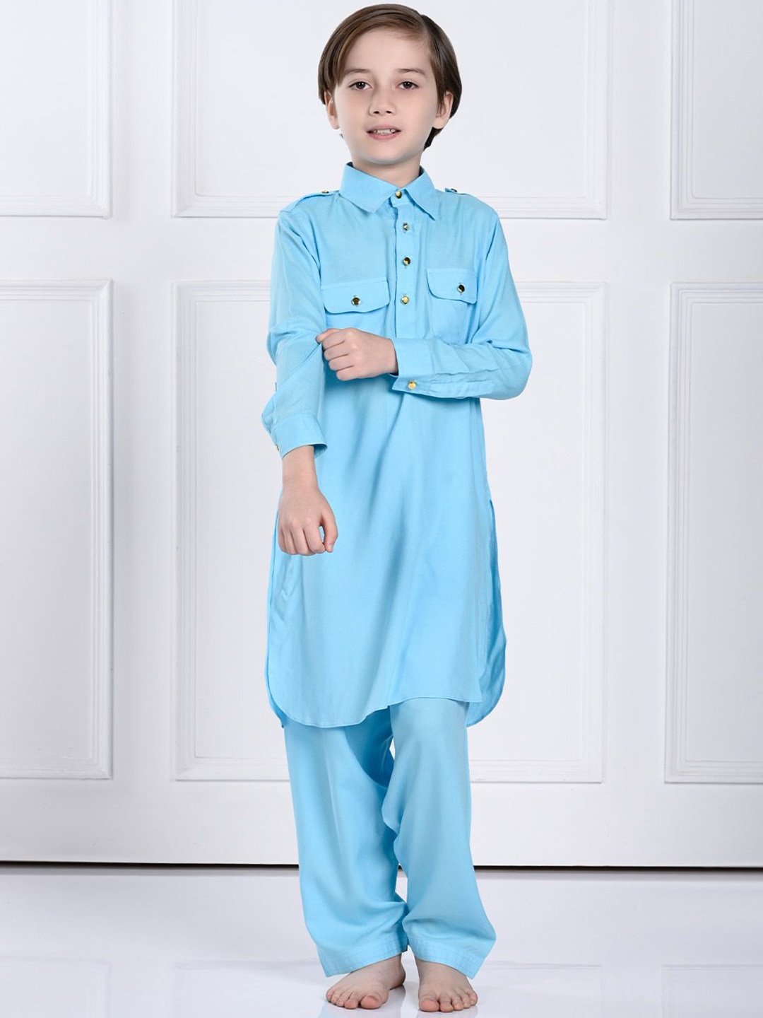 

THE PONY & PEONY CO. Boys Shirt Collar Pathani Kurta with Trousers, Blue