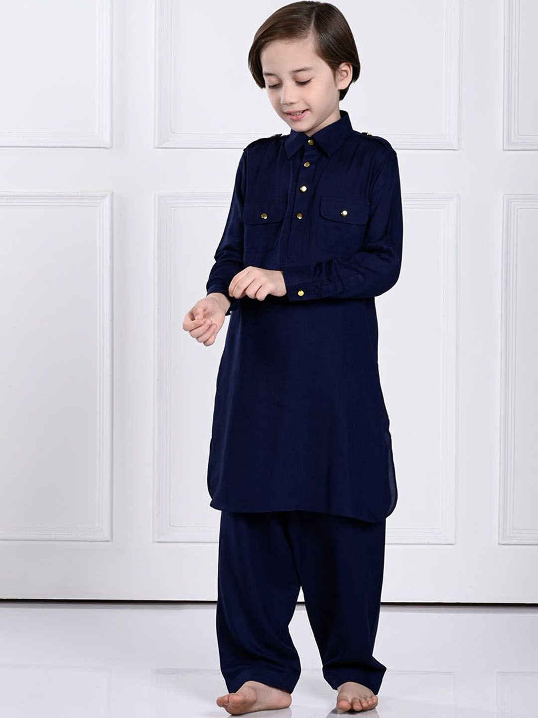 

THE PONY & PEONY CO. Boys Shirt Collar Pathani Kurta with Trousers, Navy blue