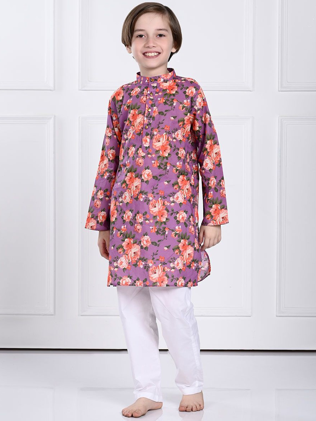 

THE PONY & PEONY CO. Boys Floral Printed Mandarin Collar Regular Kurta with Pyjamas, Purple