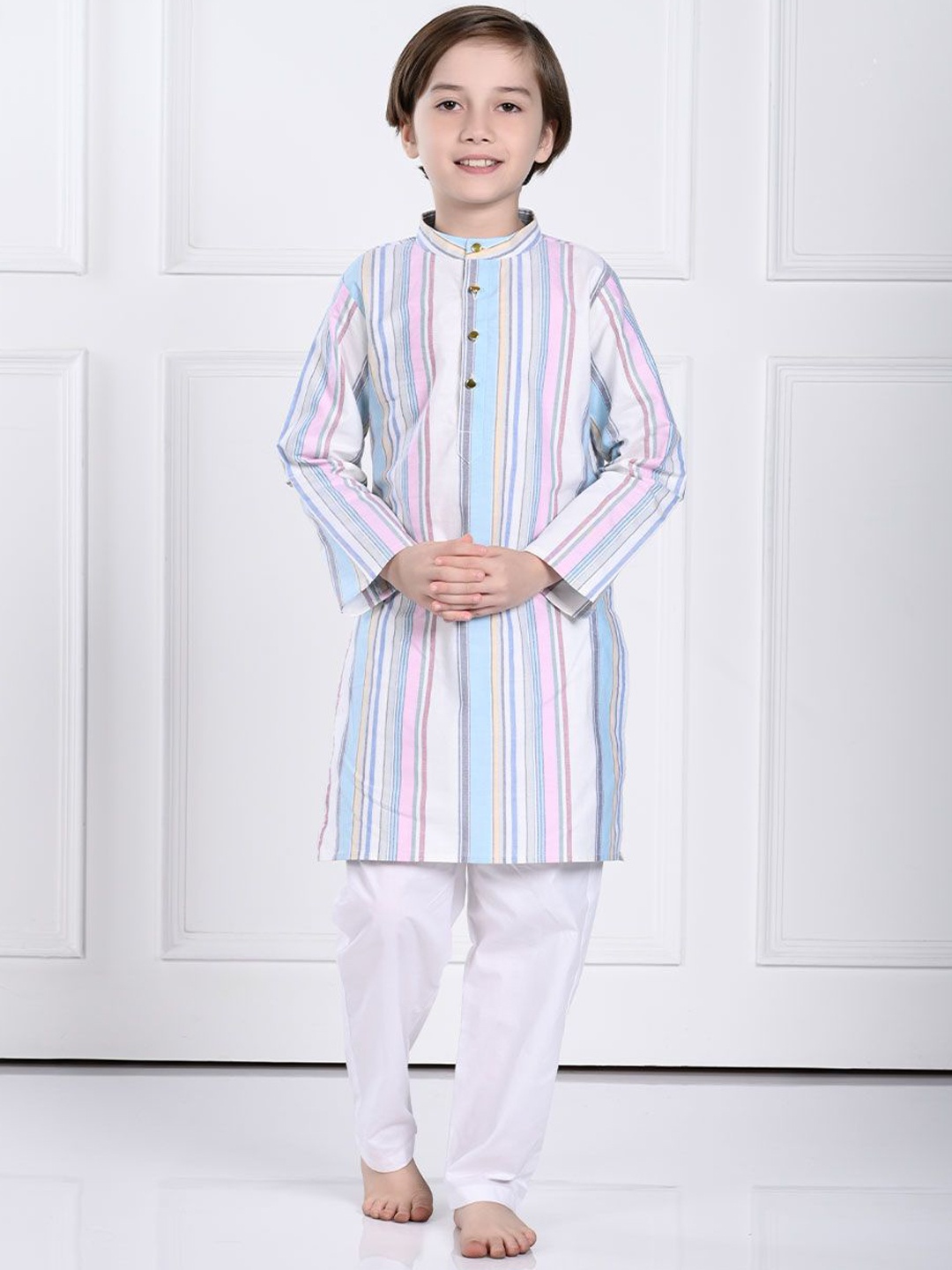 

THE PONY & PEONY CO. Boys Striped Mandarin Collar Regular Kurta with Pyjamas, Blue