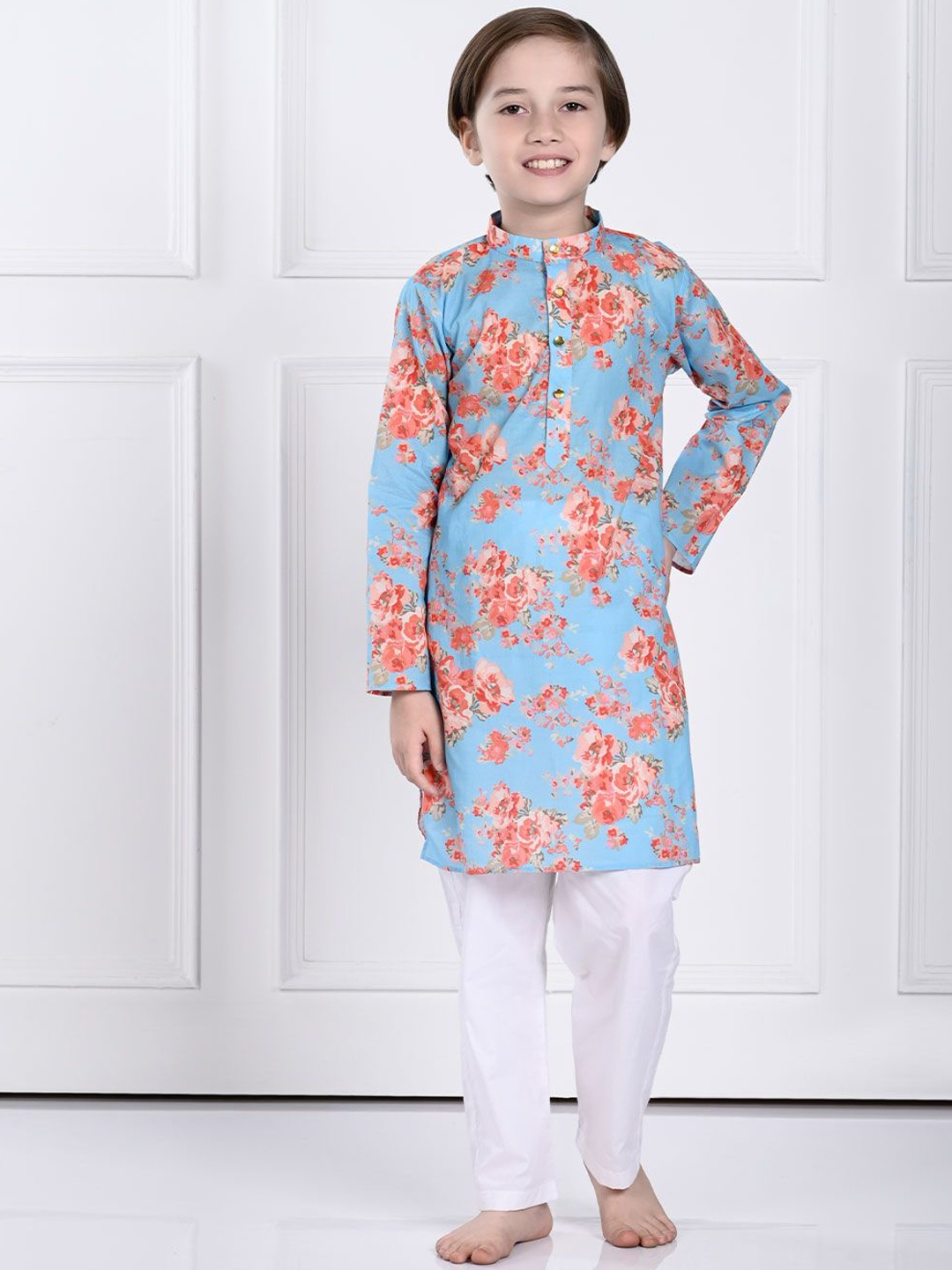 

THE PONY & PEONY CO. Boys Floral Printed Mandarin Collar Regular Kurta with Pyjamas, Blue