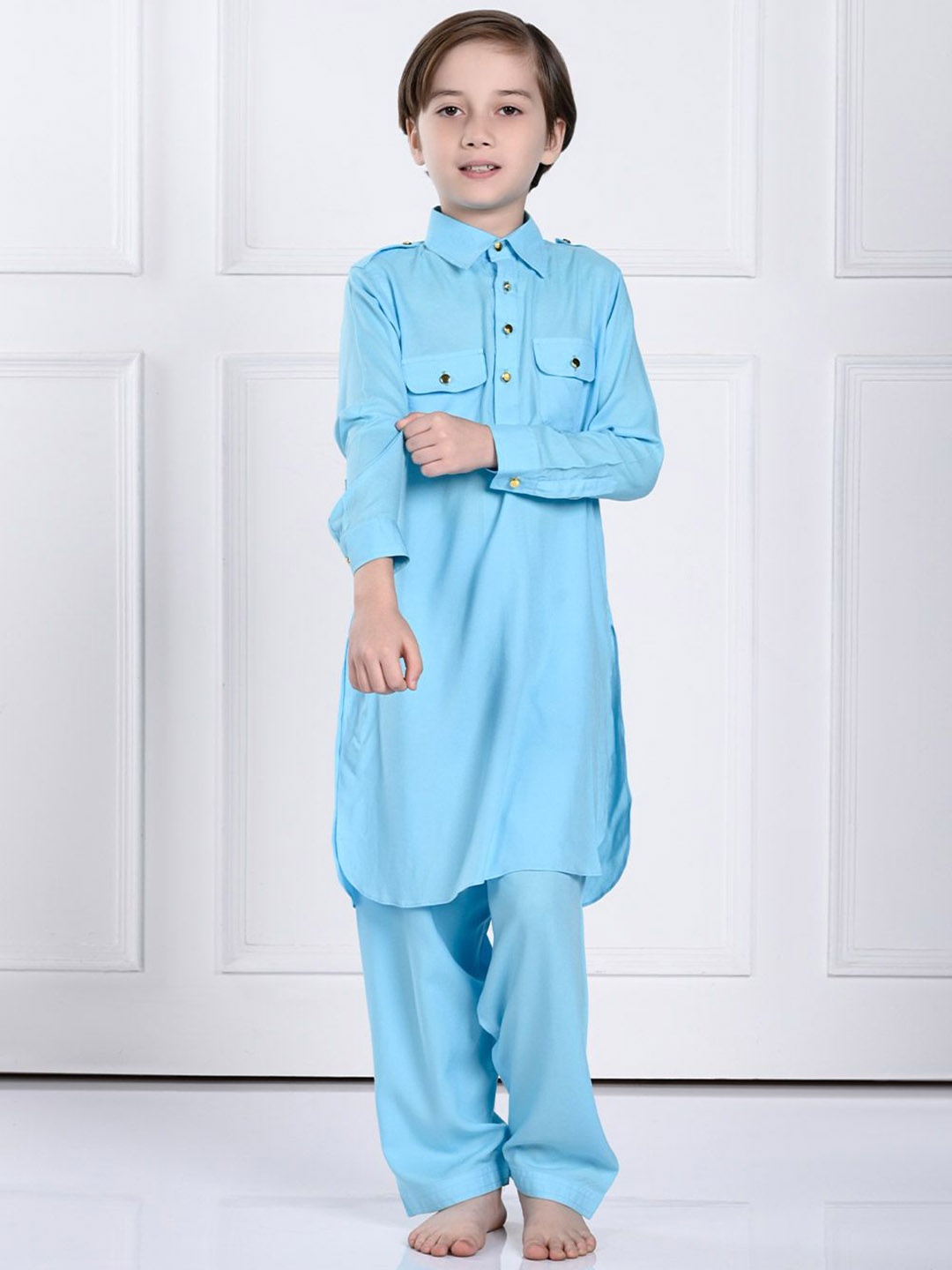 

THE PONY & PEONY CO. Boys Shirt Collar Pathani Kurta with Trousers, Blue