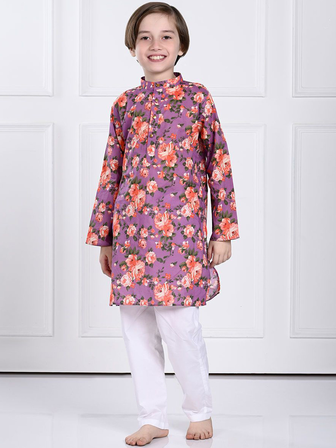 

THE PONY & PEONY CO. Boys Floral Printed Mandarin Collar Regular Kurta with Pyjamas, Purple