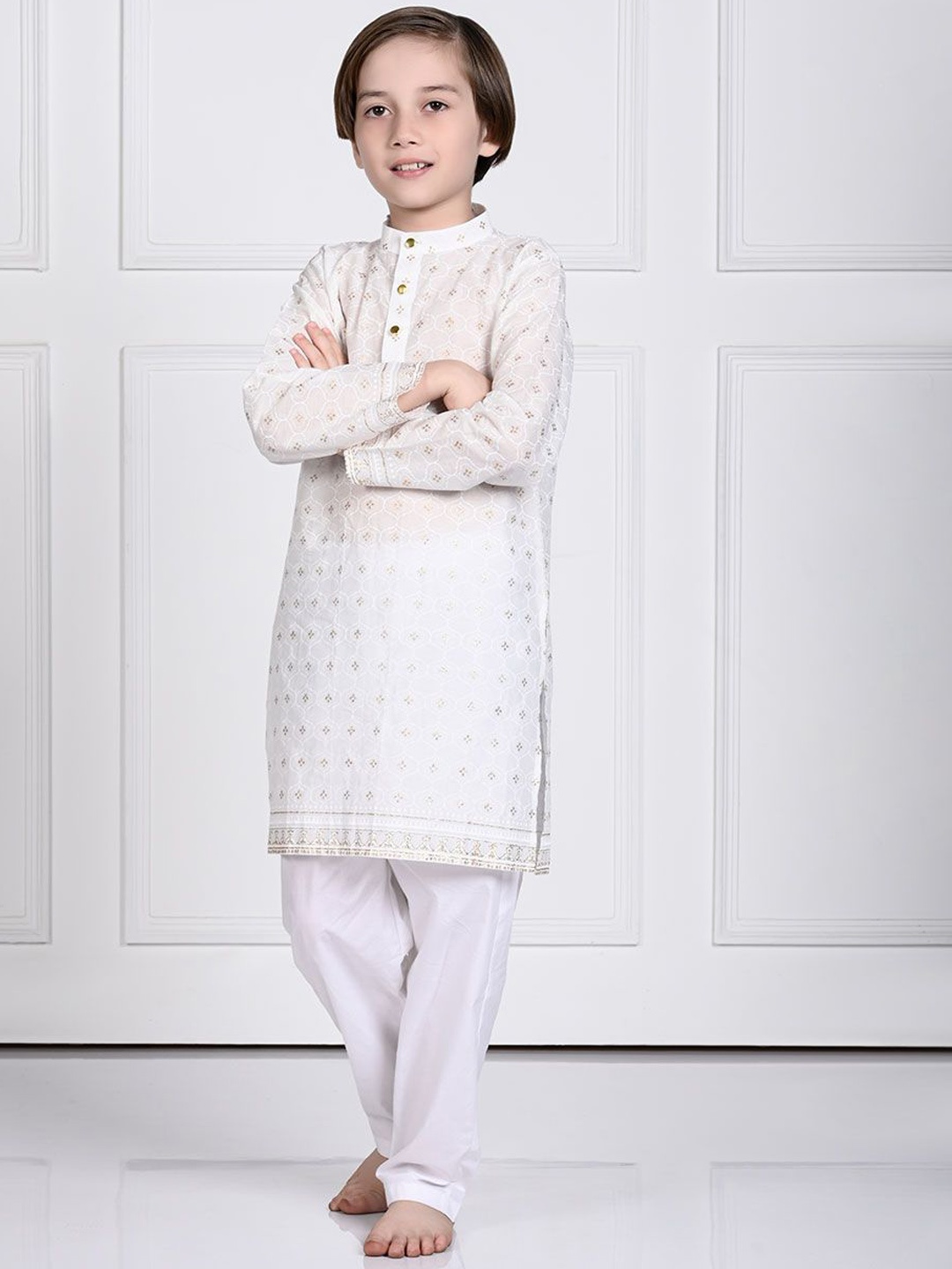 

THE PONY & PEONY CO. Boys Ethnic Motifs Printed Zari Mandarin Collar Kurta with Pyjamas, White