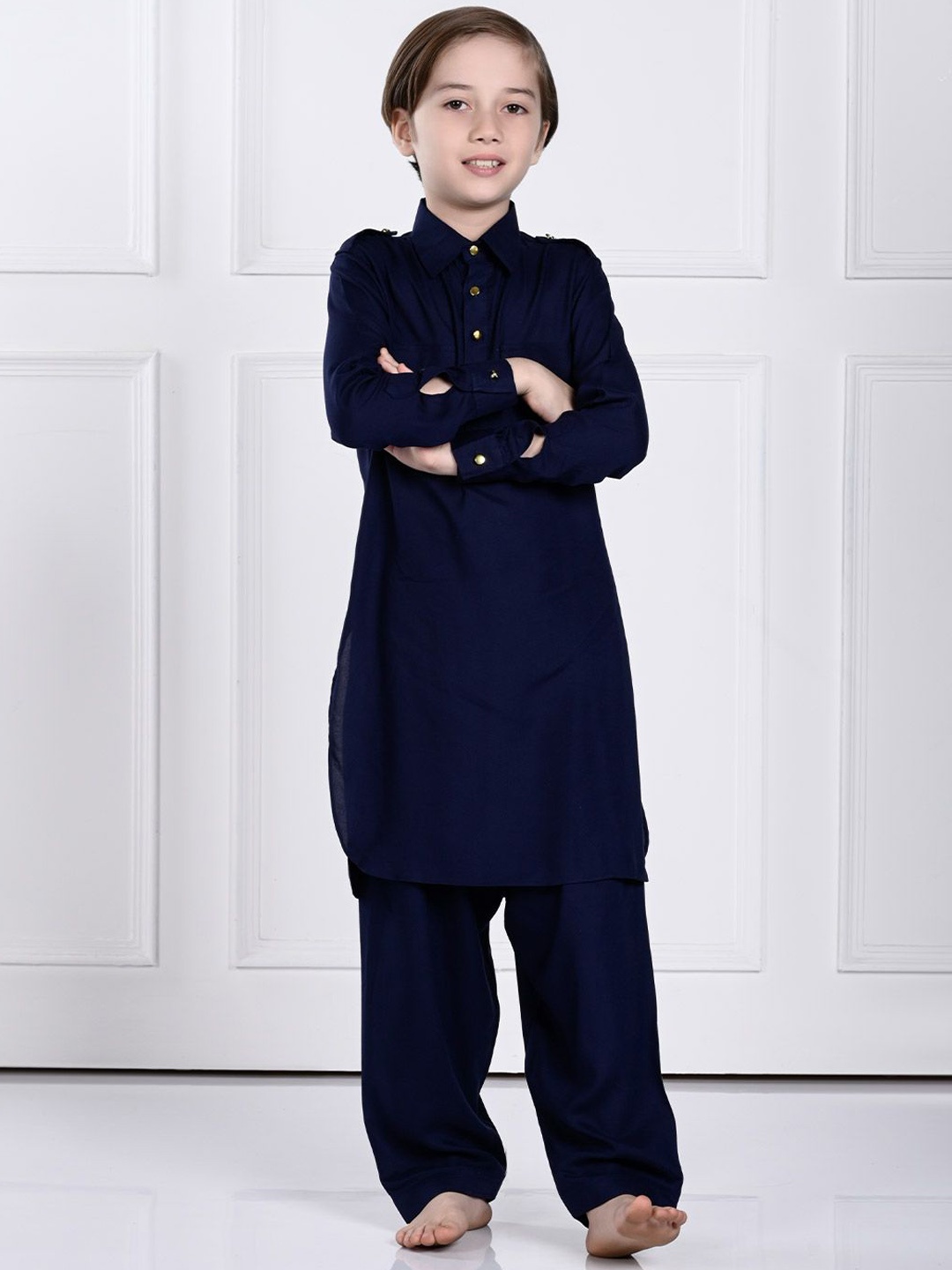 

THE PONY & PEONY CO. Boys Shirt Collar Pathani Kurta with Trousers, Navy blue