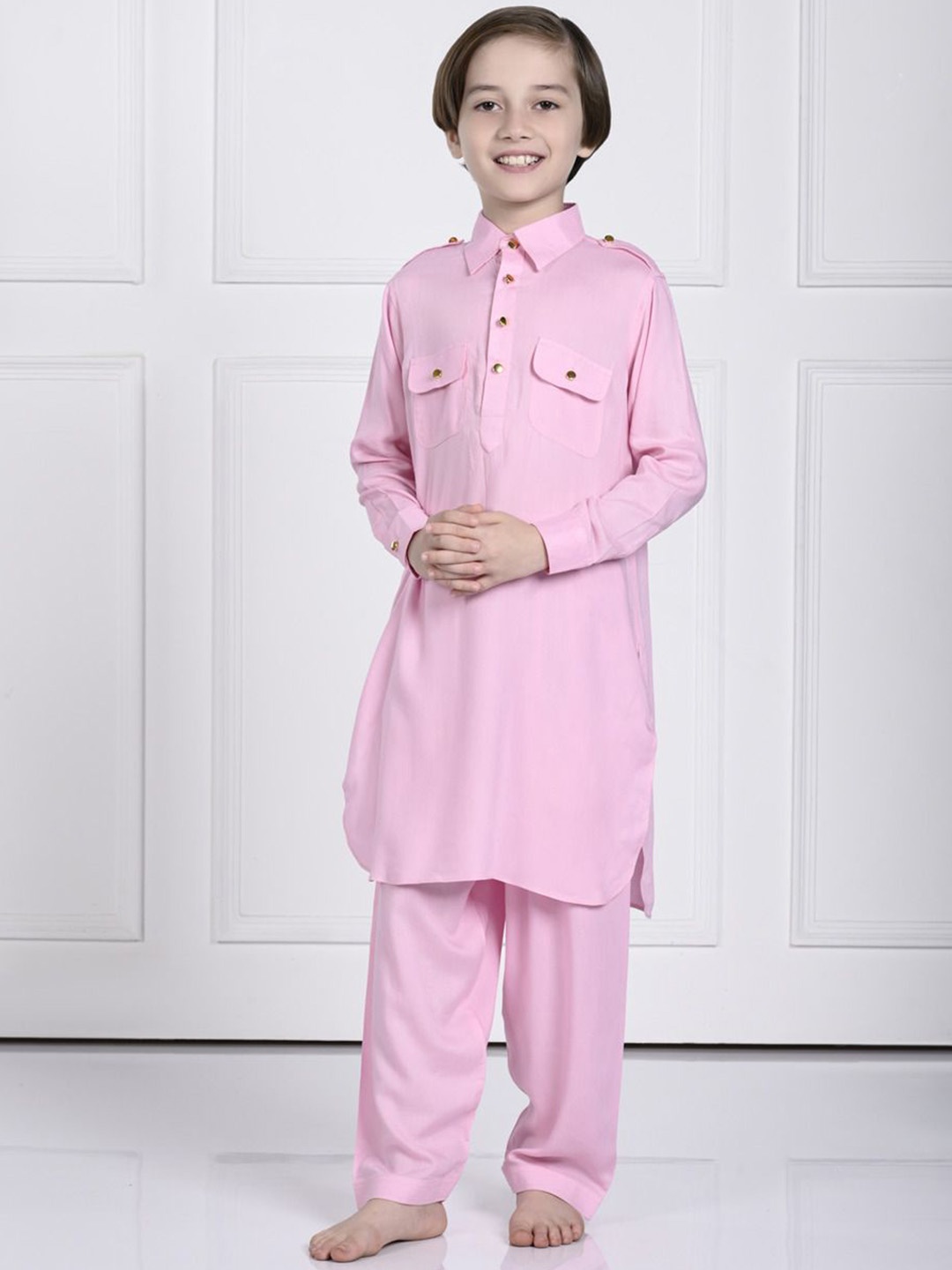 

THE PONY & PEONY CO. Boys Shirt Collar Pathani Kurta with Trousers, Pink