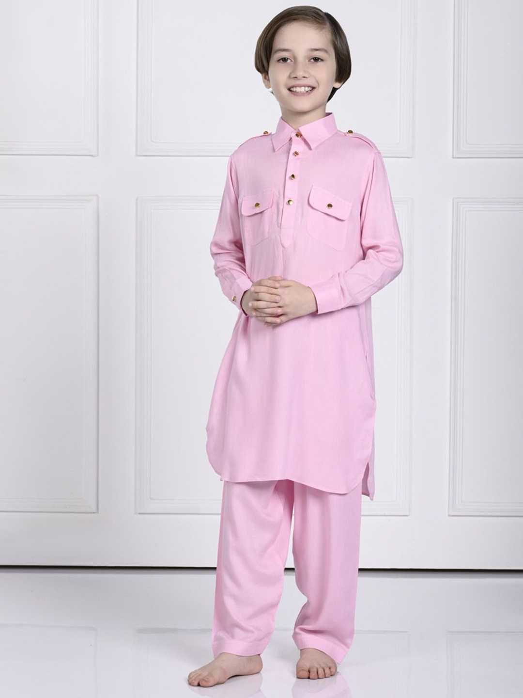 

THE PONY & PEONY CO. Boys Shirt Collar Pathani Kurta with Trousers, Pink