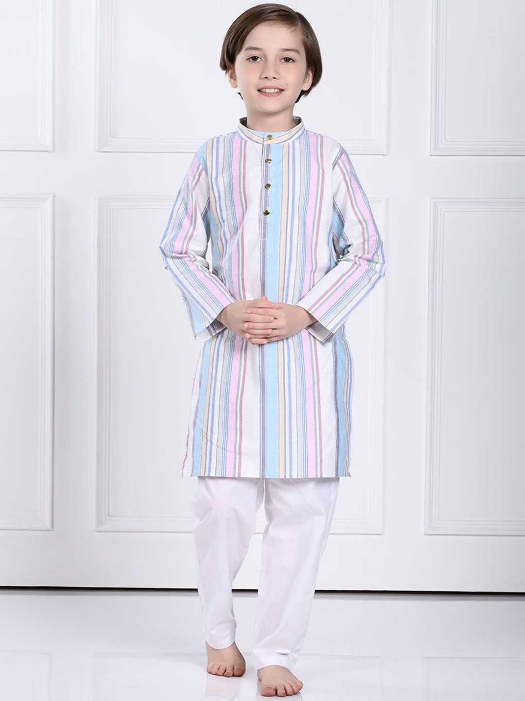 

THE PONY & PEONY CO. Boys Striped Mandarin Collar Regular Kurta with Pyjamas, Blue