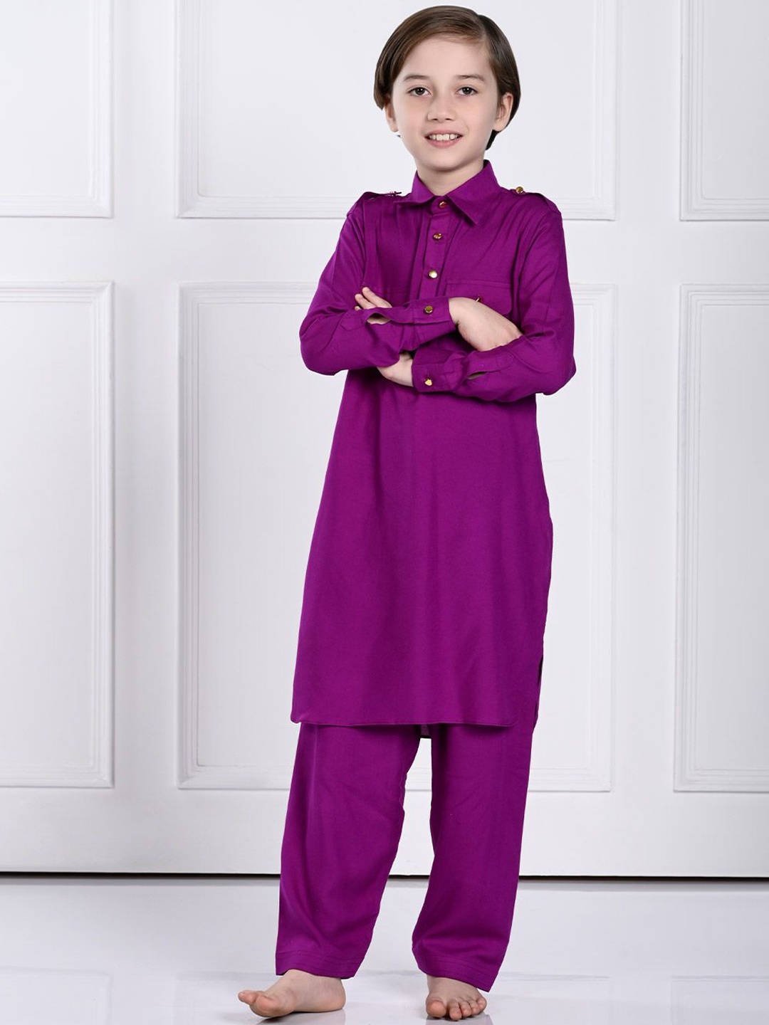 

THE PONY & PEONY CO. Boys Shirt Collar Pathani Kurta with Trousers, Purple