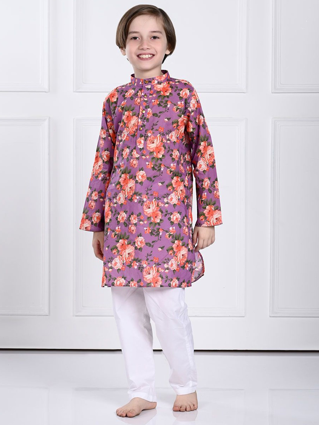 

THE PONY & PEONY CO. Boys Floral Printed Mandarin Collar Regular Kurta with Pyjamas, Purple