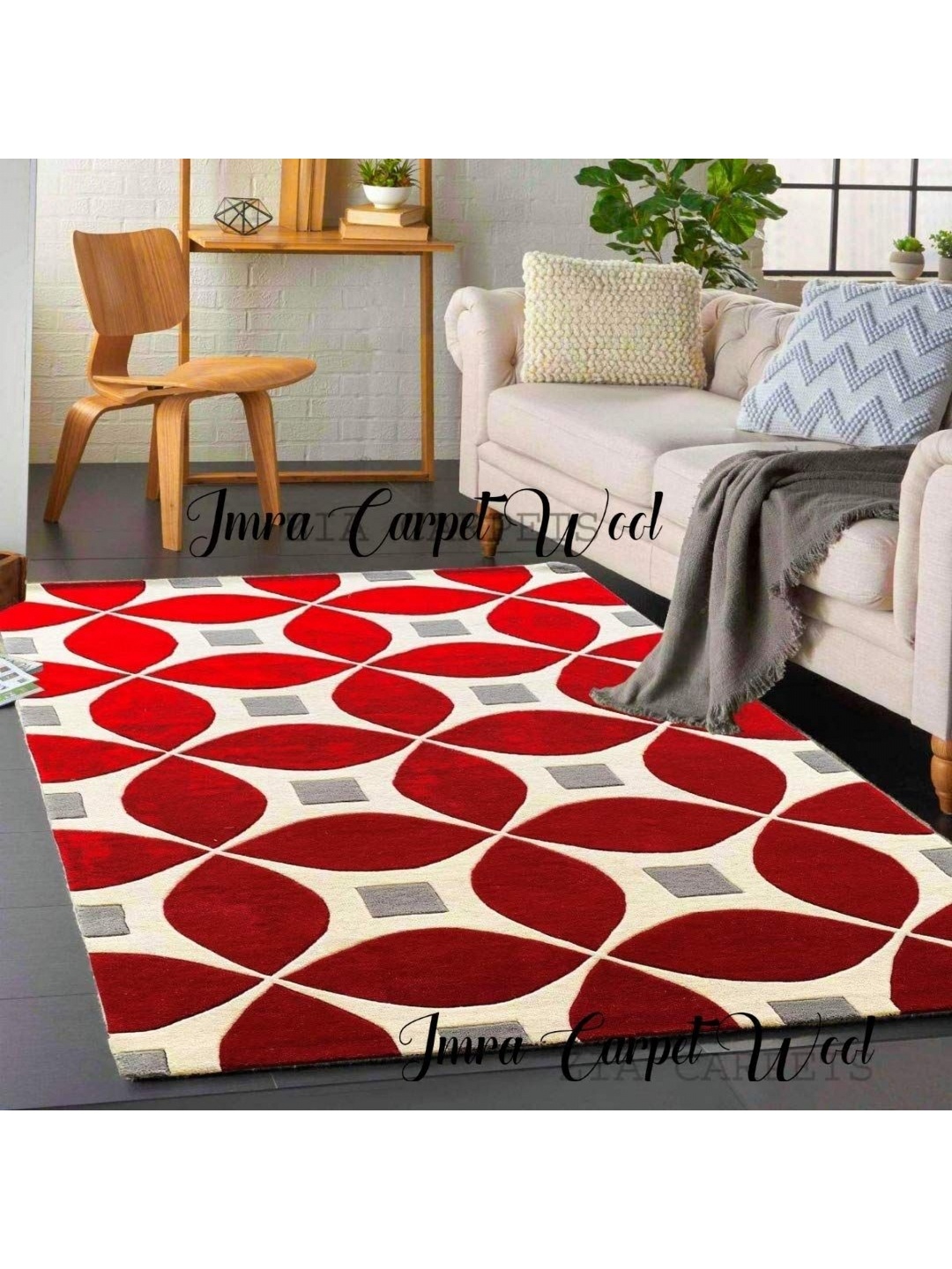 

IMRA CARPET Red & White Floral Rectangular Shaggy Carpet