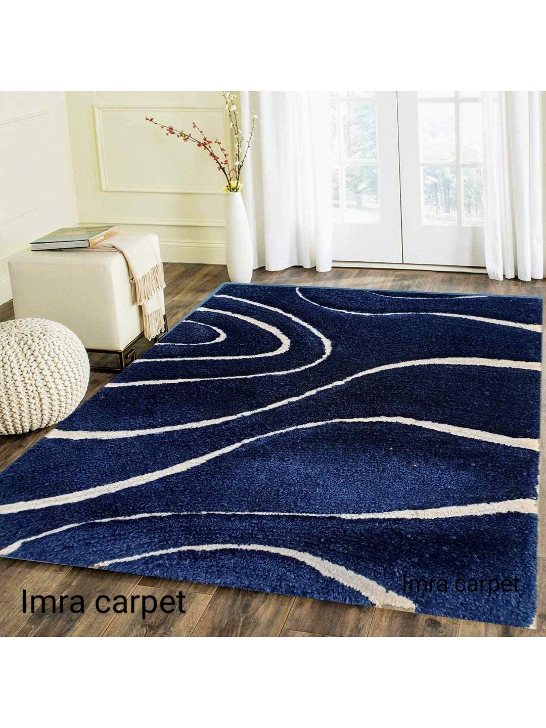 

IMRA CARPET Blue Striped Anti-Skid Shaggy Carpet