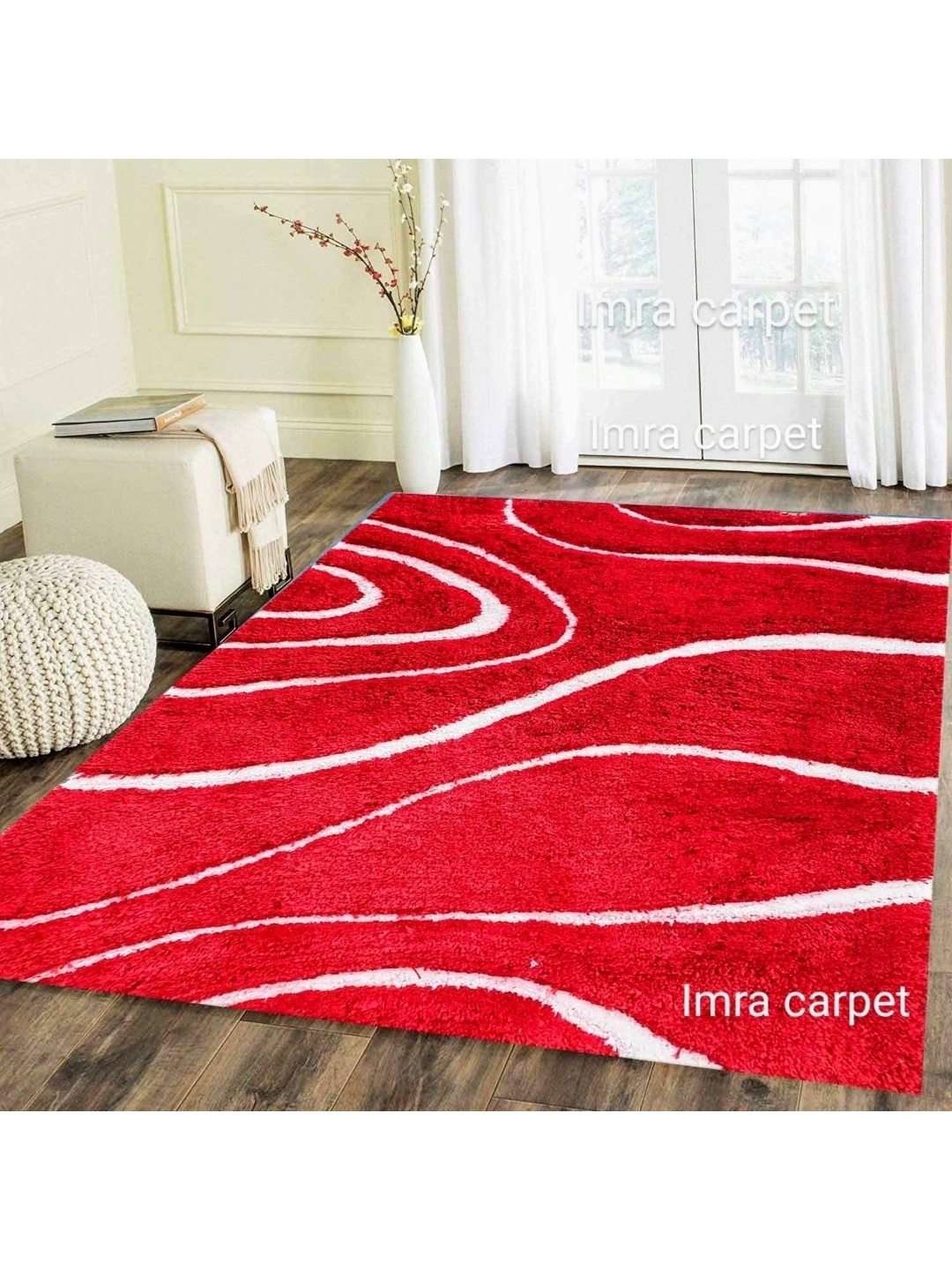 

IMRA CARPET Red & White Abstract Shaggy Rectangle Hand-Tufted Carpet