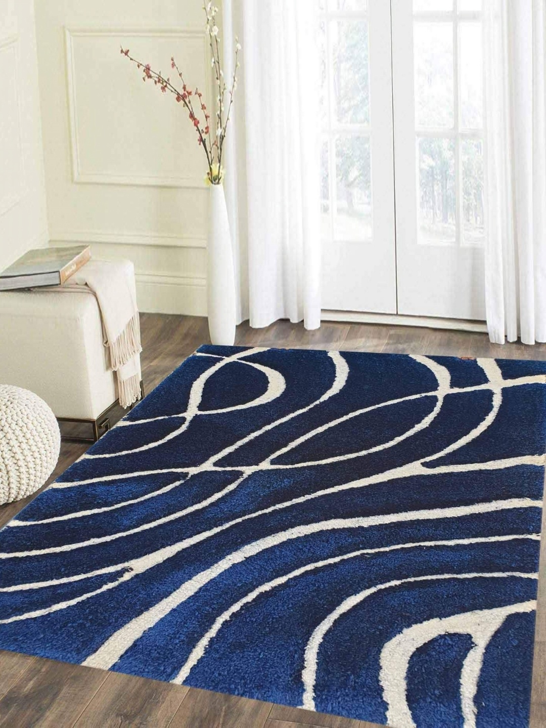 

IMRA CARPET Blue & White Striped Shaggy Carpet
