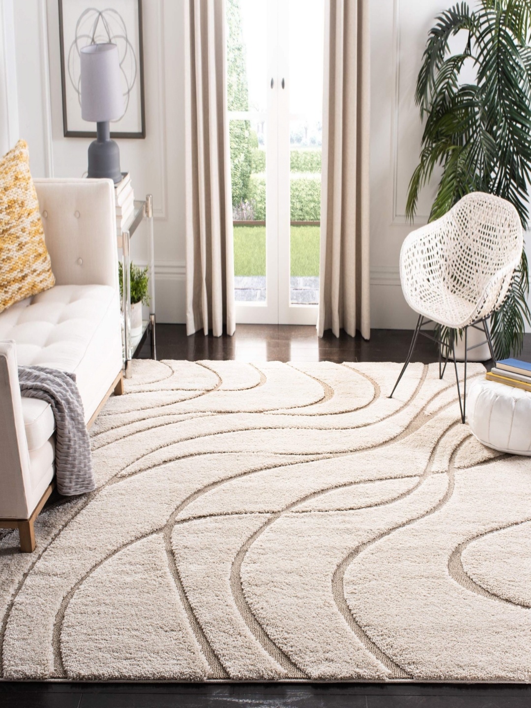 

IMRA CARPET Cream-Coloured & Grey Abstract Anti-Skid Shaggy Carpet