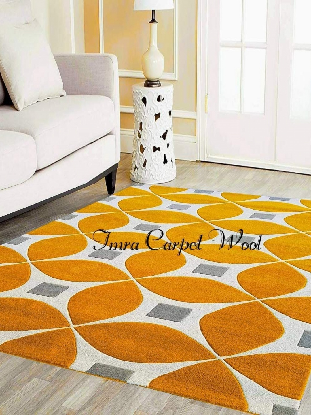 

IMRA CARPET Yellow & Grey Floral Handmade Shaggy Carpet