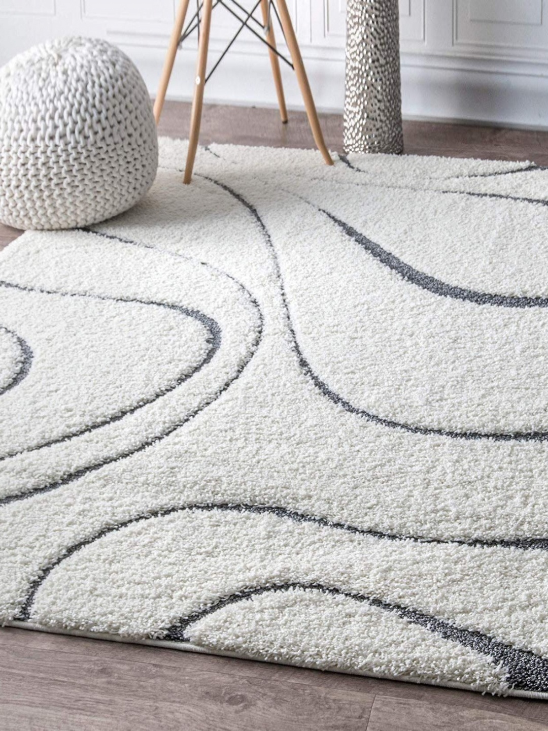 

IMRA CARPET Grey & White Abstract Anti Skid Rectangular Shaggy Carpet