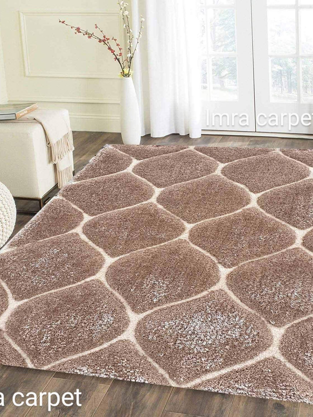 

IMRA CARPET Beige & Cream Coloured Geometric Shaggy Carpet
