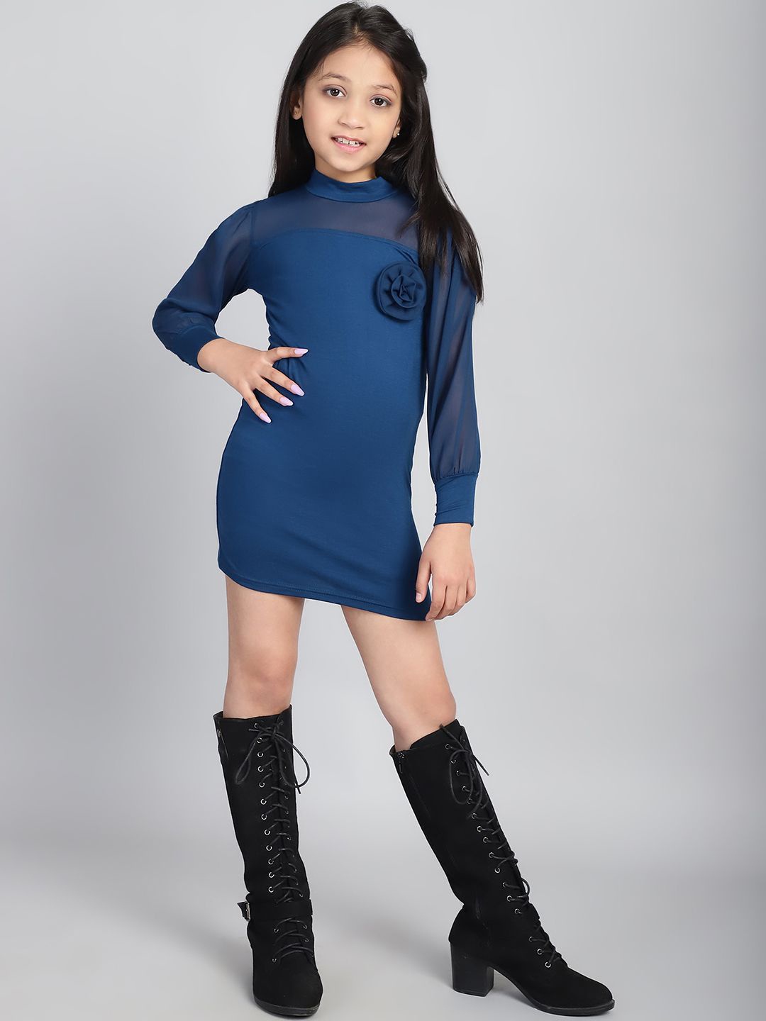 

Baawri Girls Mock Neck Full Sleeve Bodycon Mini Dress, Blue
