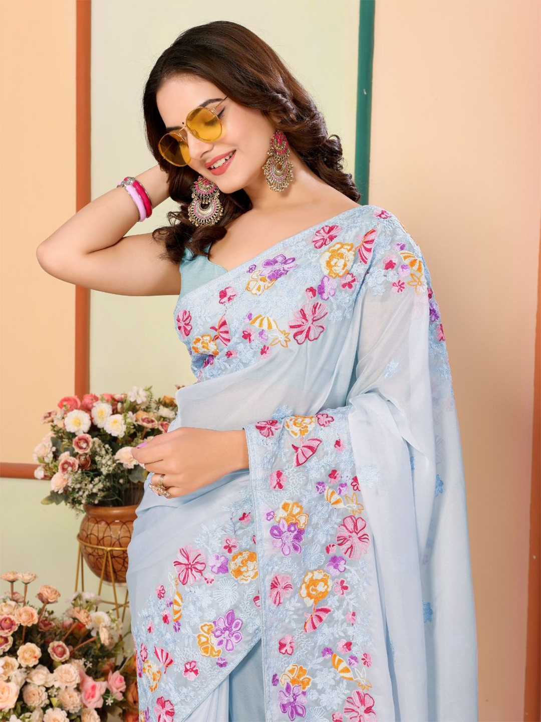 

VAIRAGEE Floral Embroidered Organza Saree, Turquoise blue