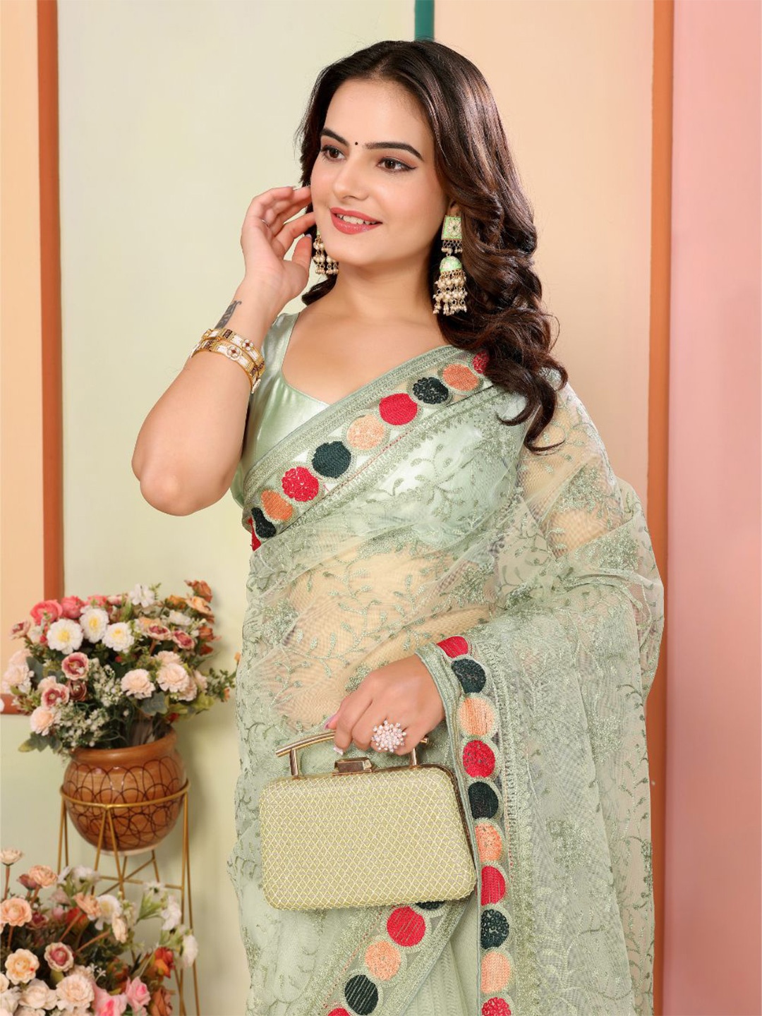 

VAIRAGEE Floral Embroidered Net Saree, Olive