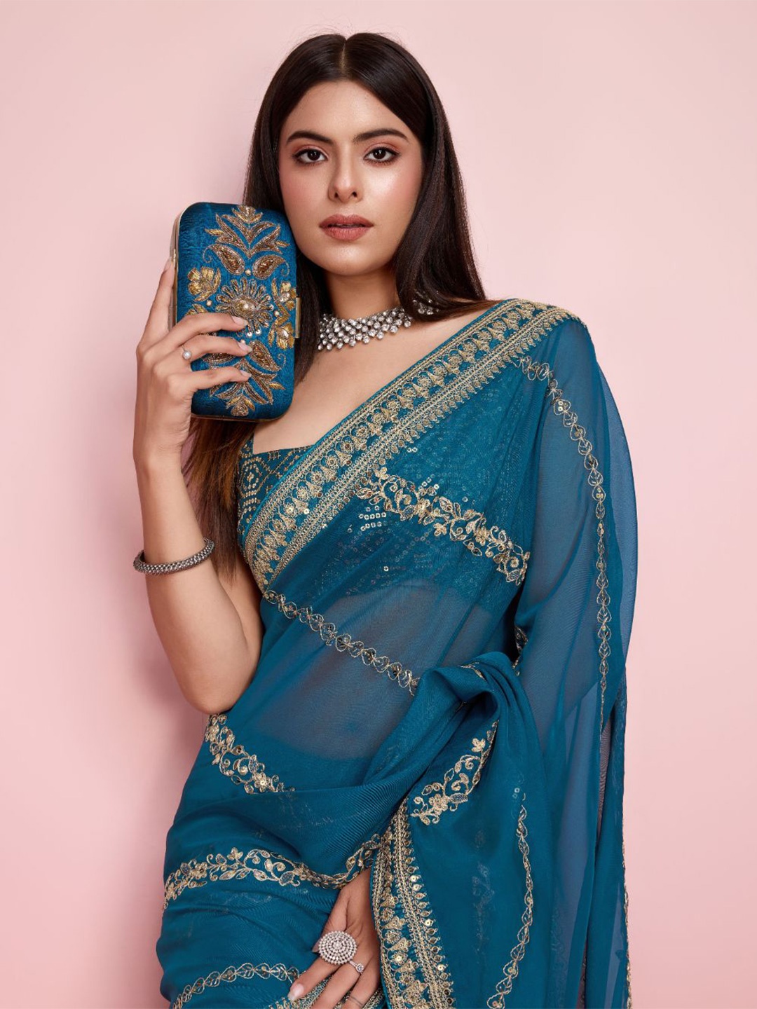 

VAIRAGEE Embellished Sequinned Organza Saree, Turquoise blue