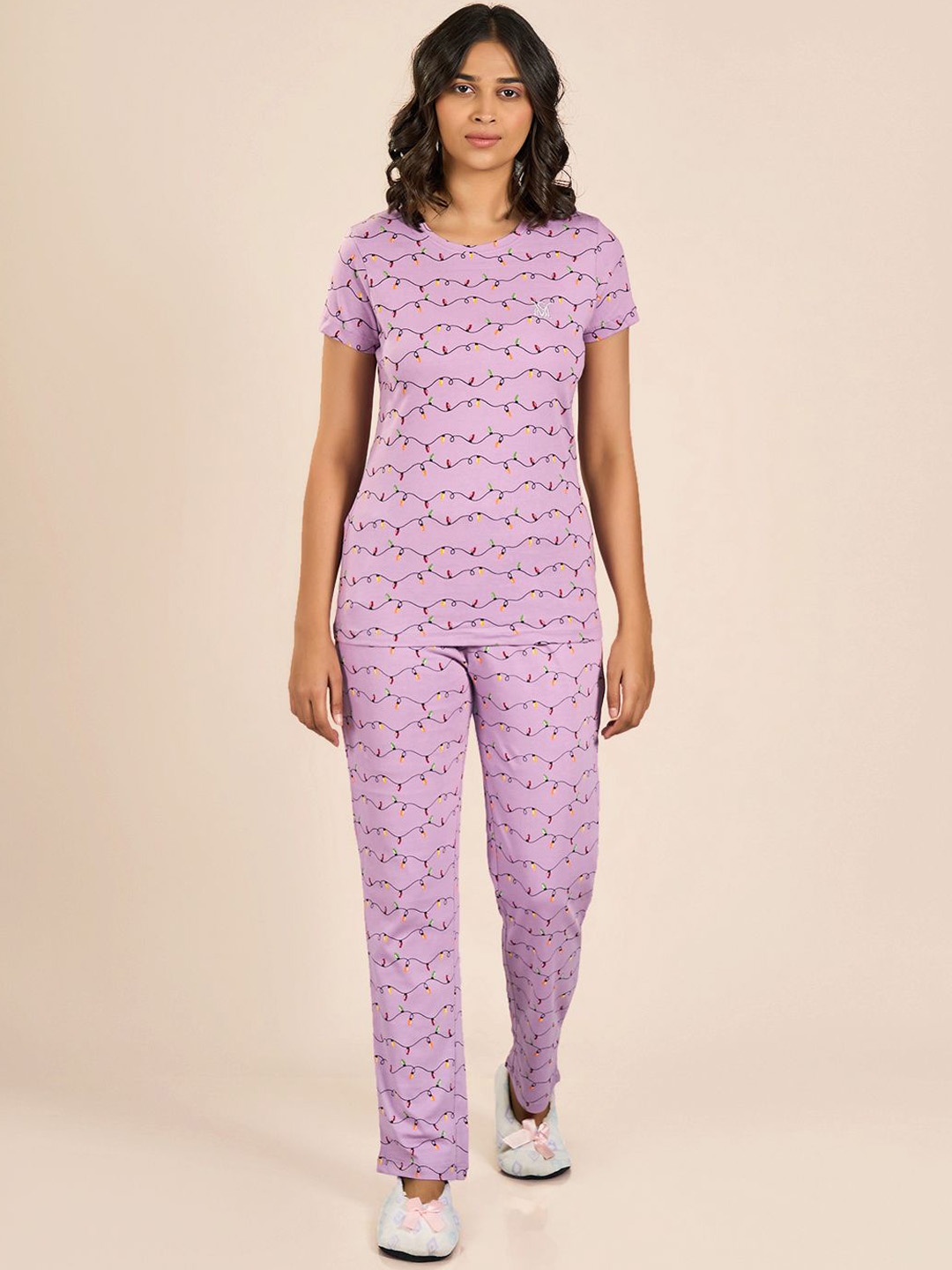 

MAYSIXTY Women Printed Cotton T-shirt and Pyjama Night suit, Purple