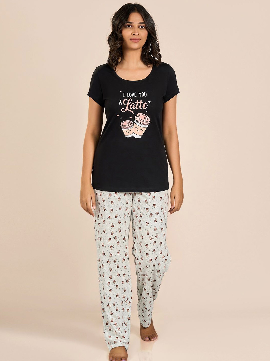 

MAYSIXTY Women Printed Cotton T-shirt and Pyjamas Night suit, Black