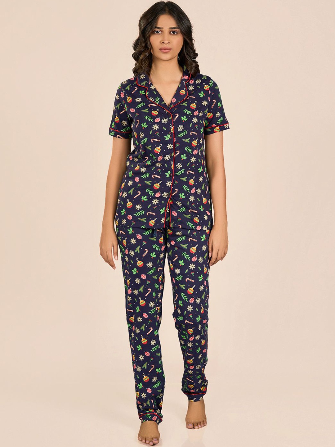 

MAYSIXTY Women Floral Printed Cotton Shirt and Pyjamas Night suit, Blue