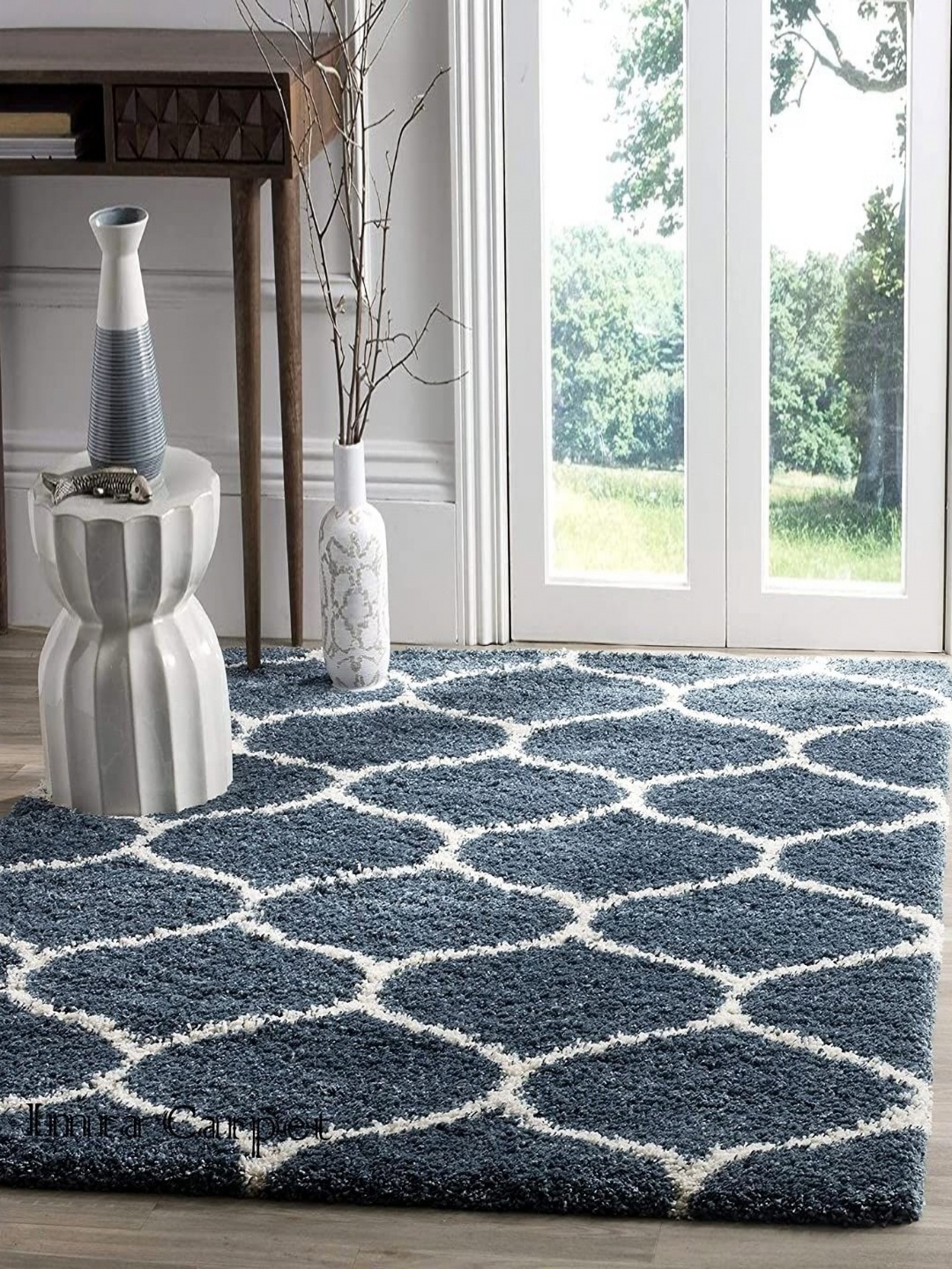 

IMRA CARPET Blue & White Geometric Printed Shaggy Carpet