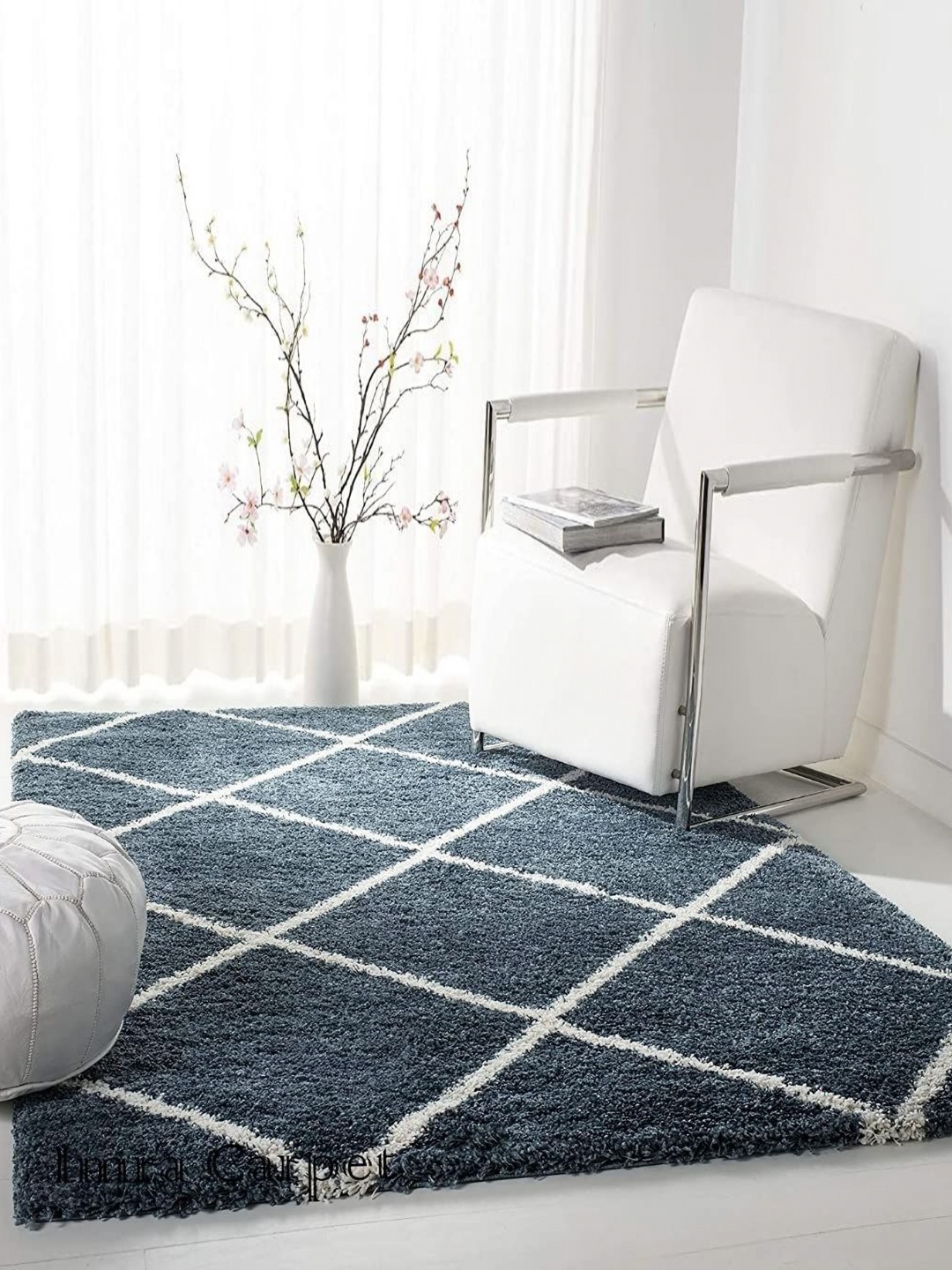 

IMRA CARPET Turquoise Blue & White Geometric Shaggy Carpet