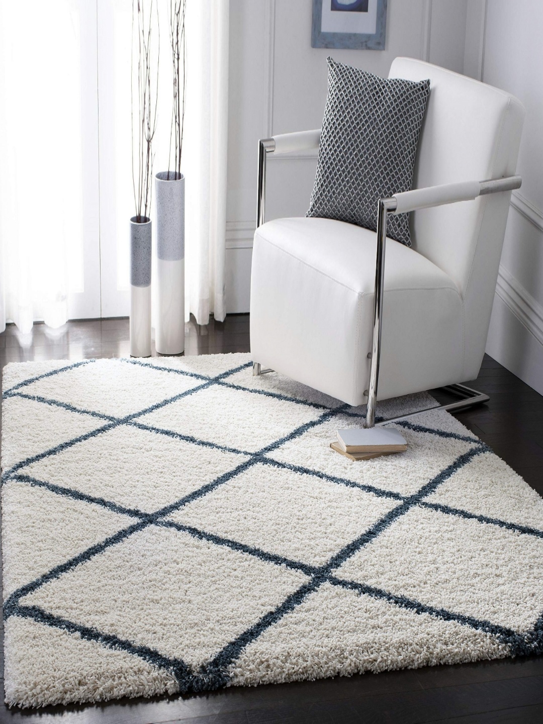 

IMRA CARPET White & Turquoise Blue Geometric Shaggy Carpet