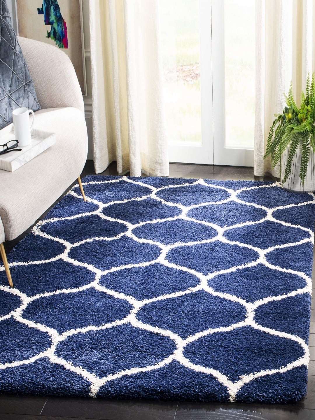 

IMRA CARPET Navy Blue & White Geometric Printed Woollen Shaggy Carpet