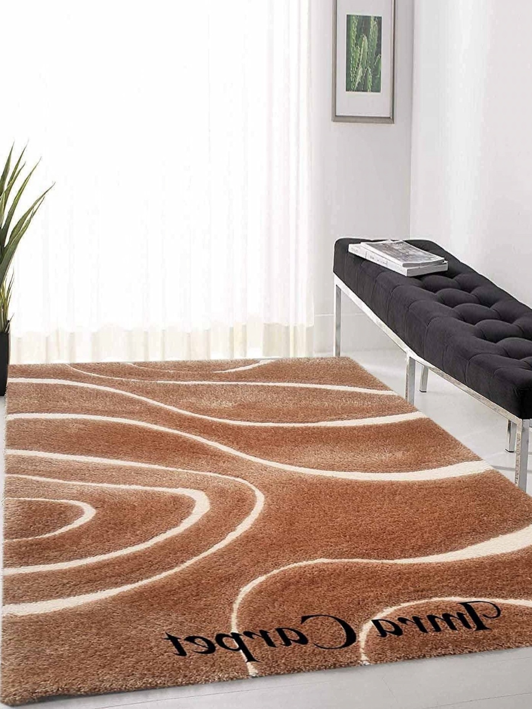 

IMRA CARPET Beige & WHite Geometric Printed Shaggy Carpet