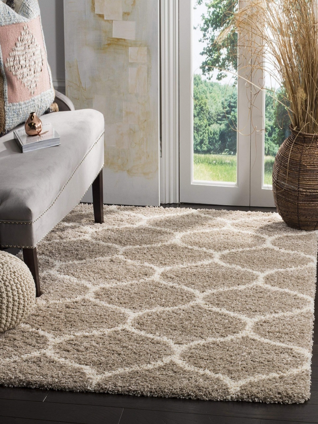 

IMRA CARPET Beige & White Geometric No Shredding Shaggy Carpet