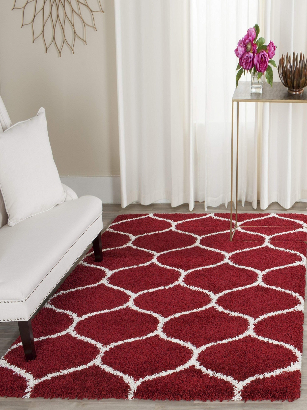 

IMRA CARPET Red & White Geometric Rectangular Shaggy Carpet