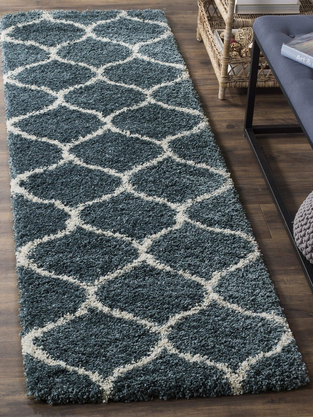 

IMRA CARPET Blue & White Geometric Shaggy Rectangle Anti-Skid Carpet