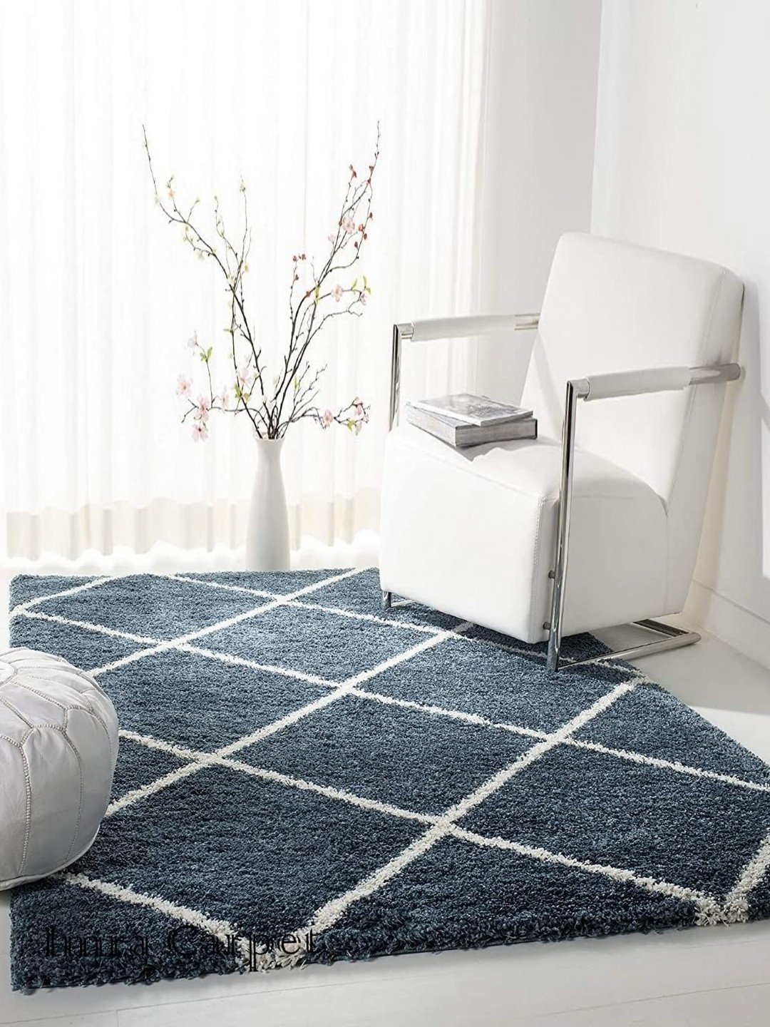 

IMRA CARPET Turquoise Blue & white Geometric Shaggy Carpet