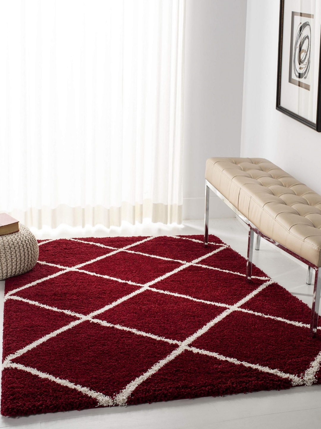 

IMRA CARPET Red & White Geometric Shaggy Carpet